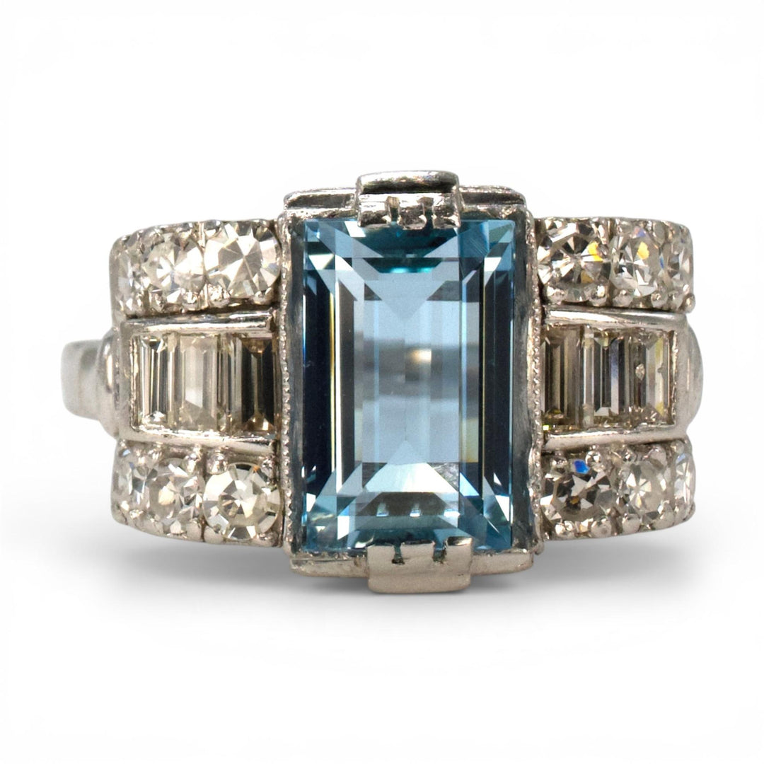 Art Deco Platinum Aquamarine Ring with Baguette and Single Cut Diamonds
