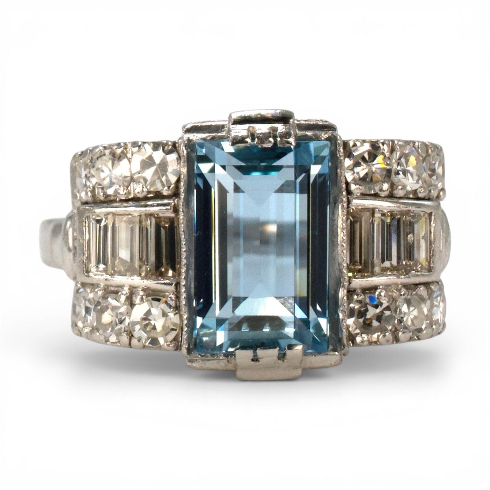 Art Deco Platinum Aquamarine Ring with Baguette and Single Cut Diamonds