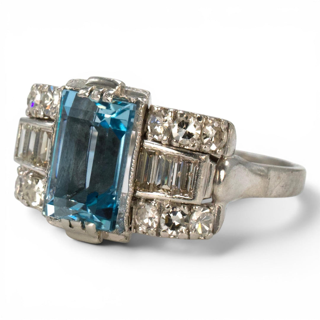 Art Deco Platinum Aquamarine Ring with Baguette and Single Cut Diamonds