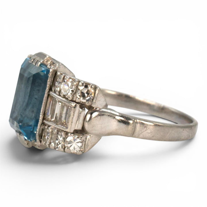 Art Deco Platinum Aquamarine Ring with Baguette and Single Cut Diamonds