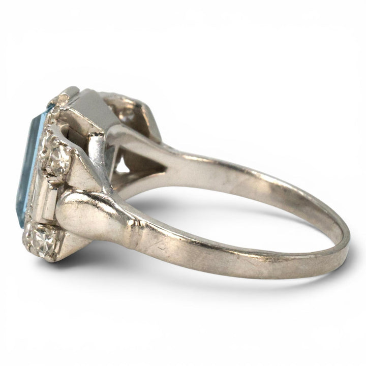 Art Deco Platinum Aquamarine Ring with Baguette and Single Cut Diamonds