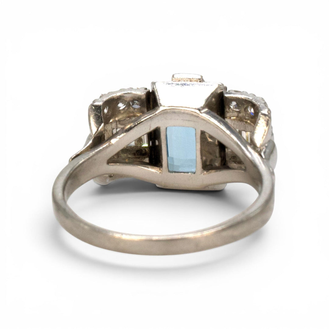 Art Deco Platinum Aquamarine Ring with Baguette and Single Cut Diamonds
