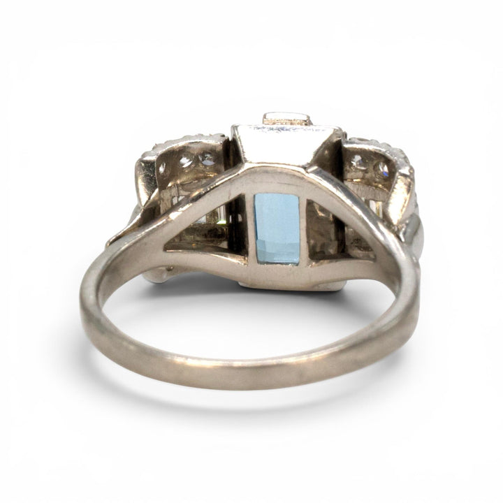 Art Deco Platinum Aquamarine Ring with Baguette and Single Cut Diamonds