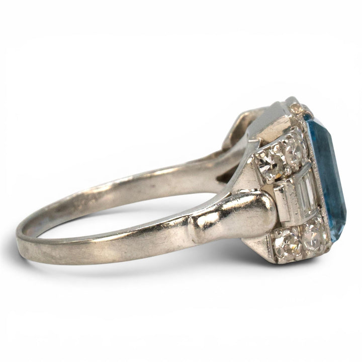 Art Deco Platinum Aquamarine Ring with Baguette and Single Cut Diamonds