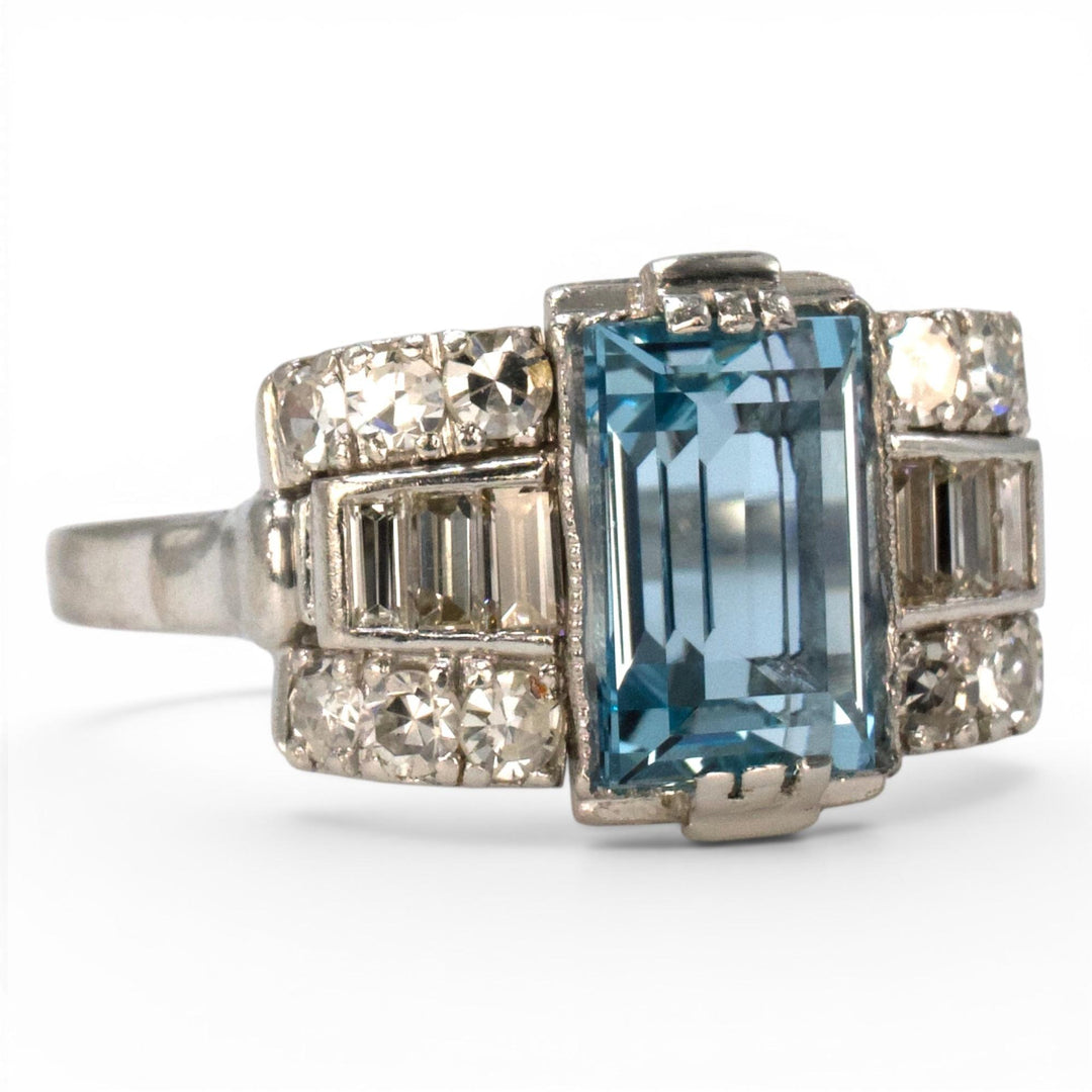 Art Deco Platinum Aquamarine Ring with Baguette and Single Cut Diamonds