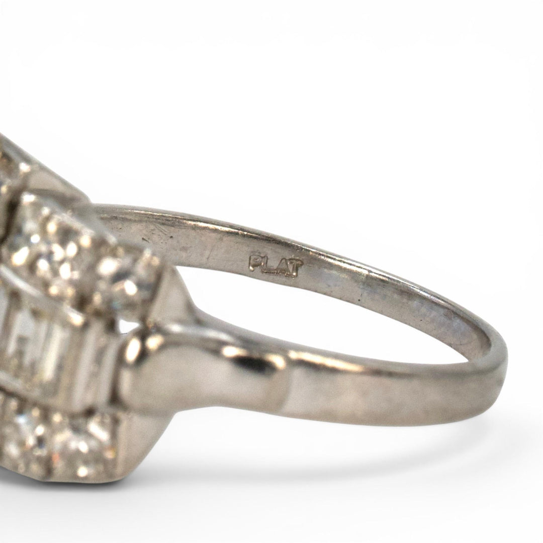 Art Deco Platinum Aquamarine Ring with Baguette and Single Cut Diamonds
