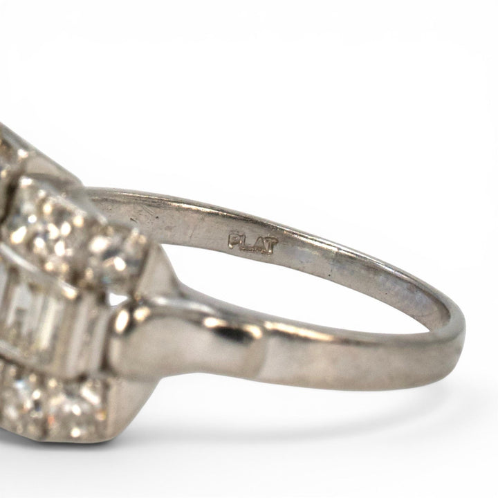 Art Deco Platinum Aquamarine Ring with Baguette and Single Cut Diamonds
