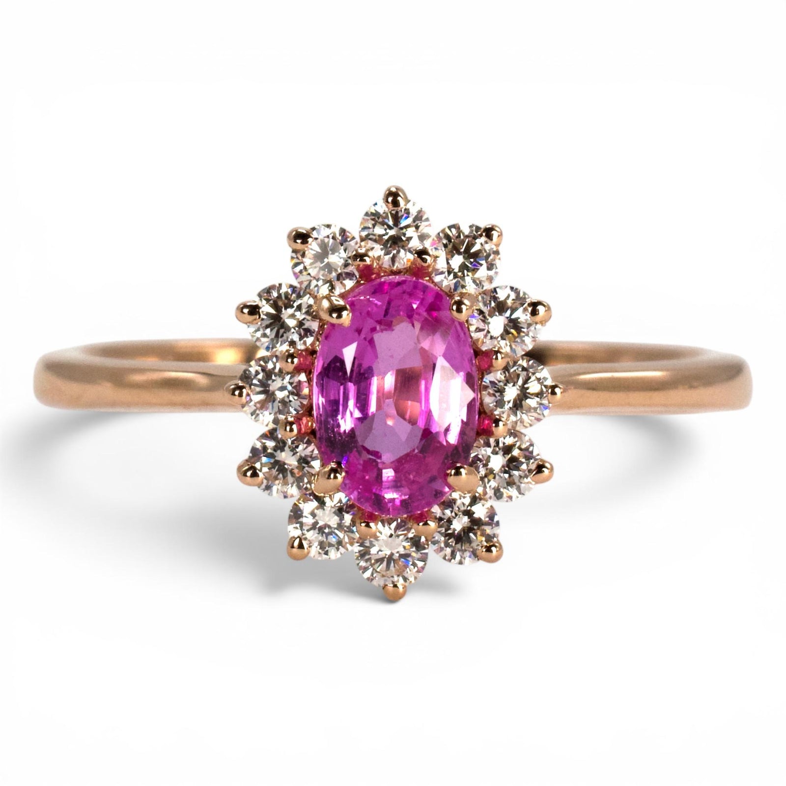14K Rose Gold Oval Pink Sapphire Halo Solitaire Ring