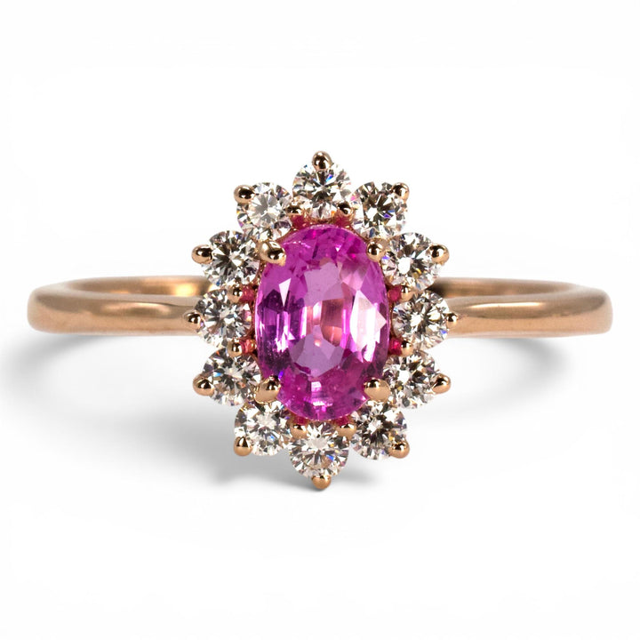 14K Rose Gold Oval Pink Sapphire Halo Solitaire Ring