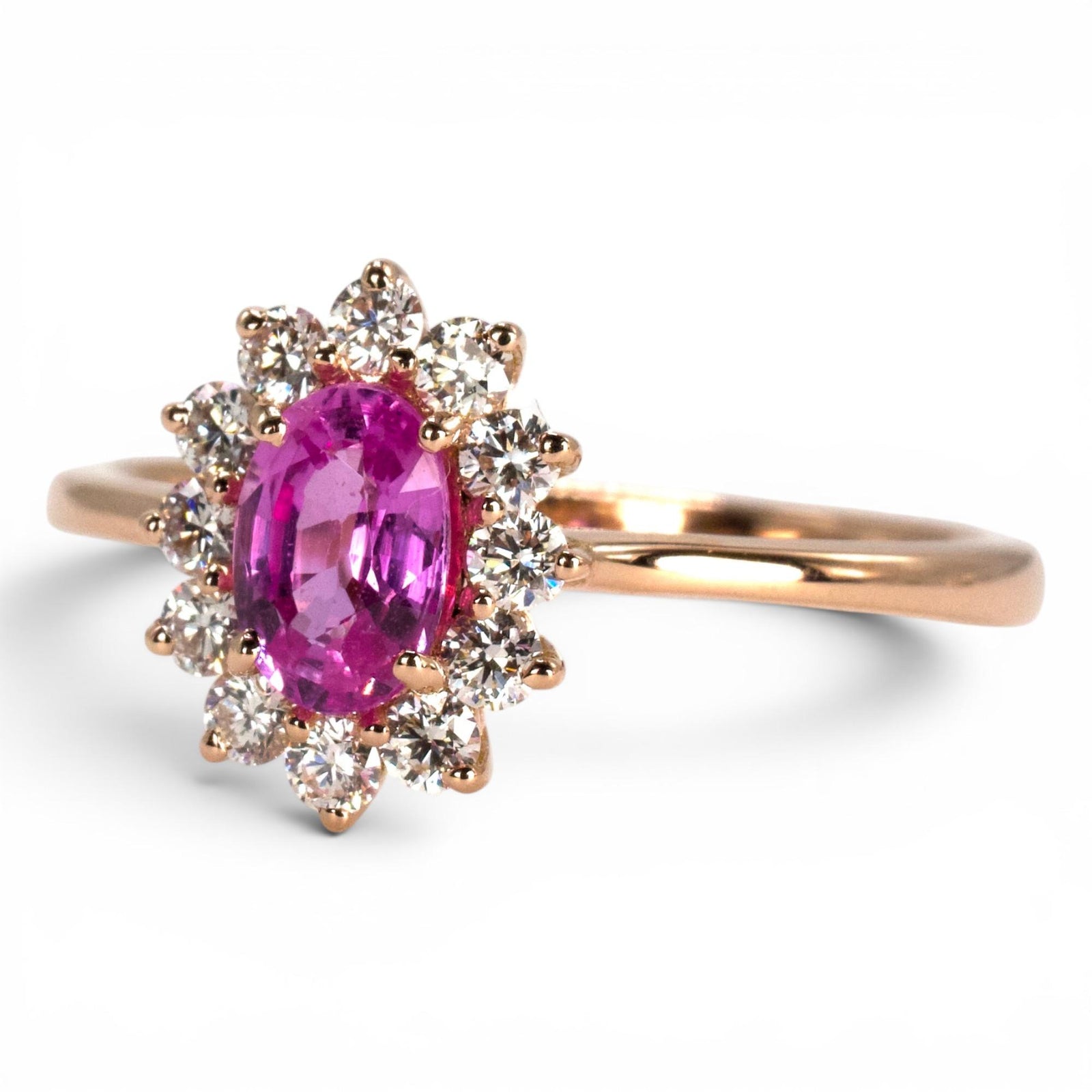 14K Rose Gold Oval Pink Sapphire Halo Solitaire Ring