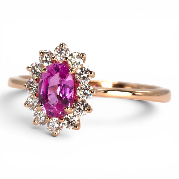 14K Rose Gold Oval Pink Sapphire Halo Solitaire Ring
