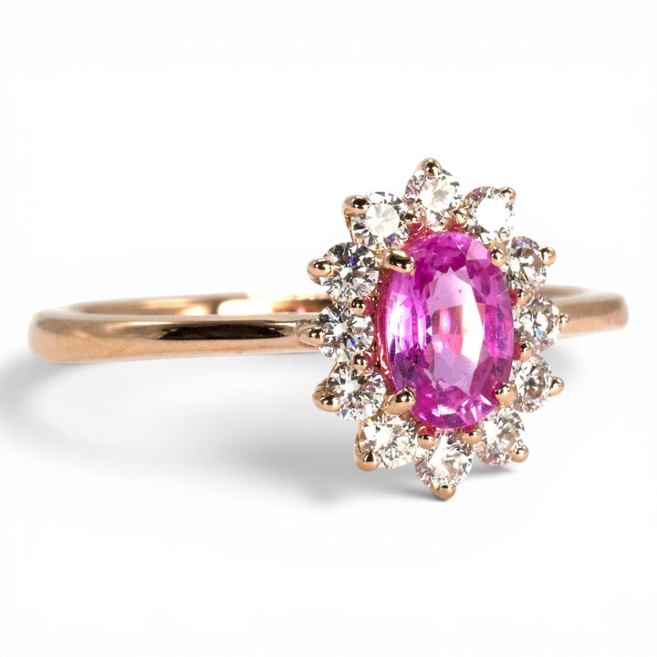 14K Rose Gold Oval Pink Sapphire Halo Solitaire Ring