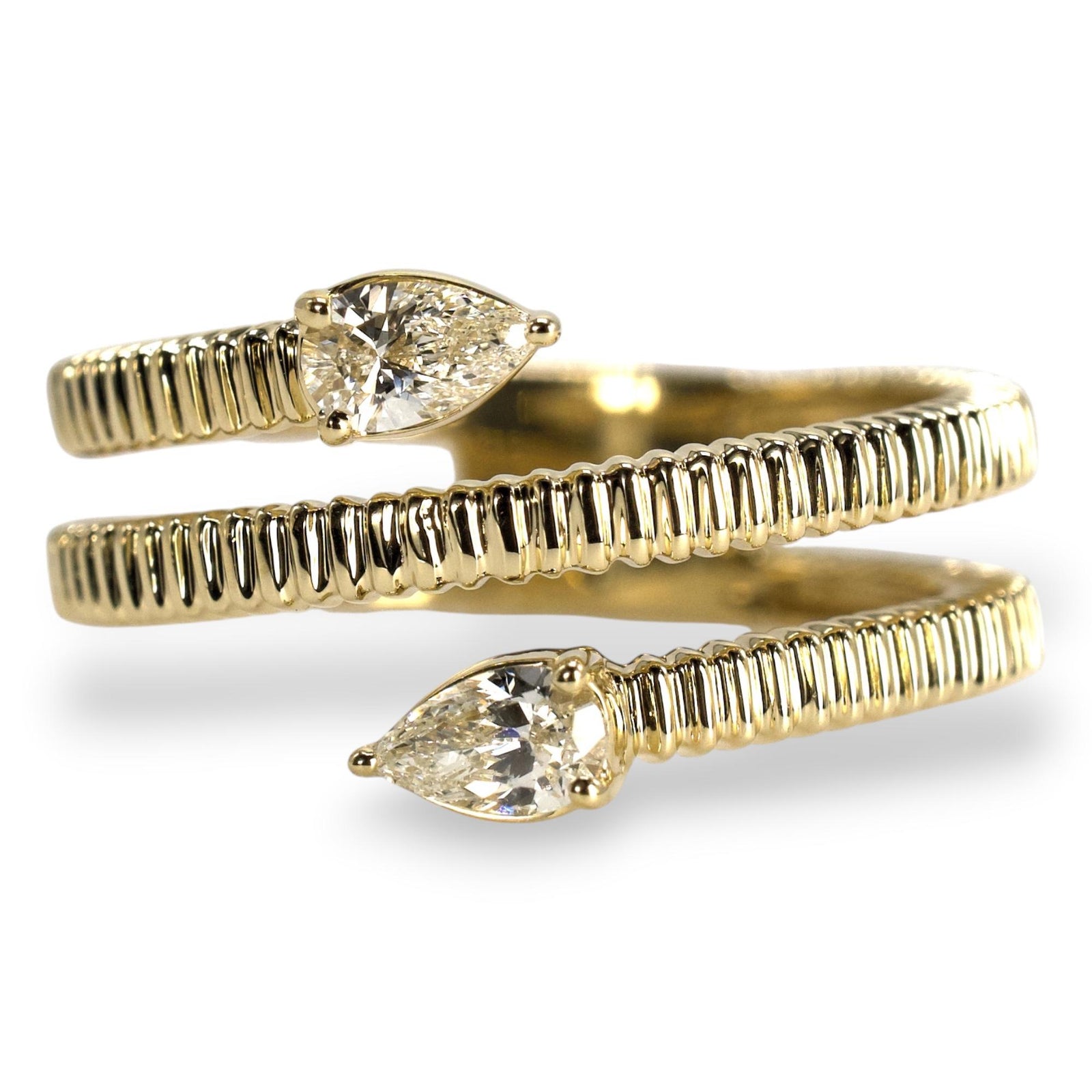 Gold Ribbed Spiral Ring with Pear-Shaped Diamonds