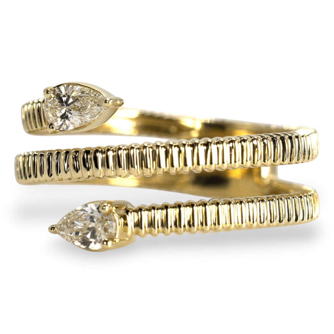 Gold Ribbed Spiral Ring with Pear-Shaped Diamonds