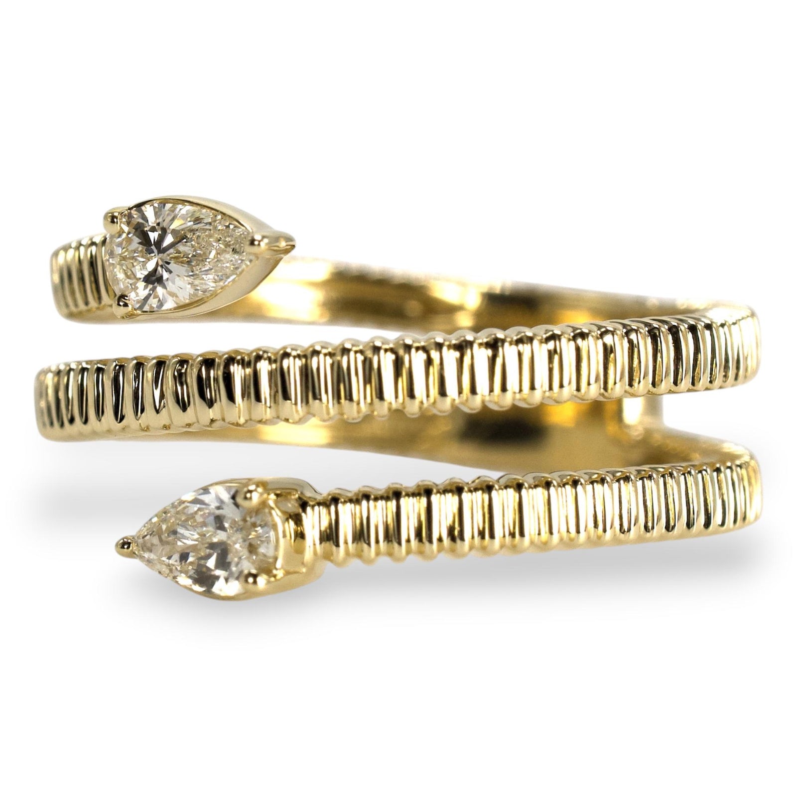 Gold Ribbed Spiral Ring with Pear-Shaped Diamonds