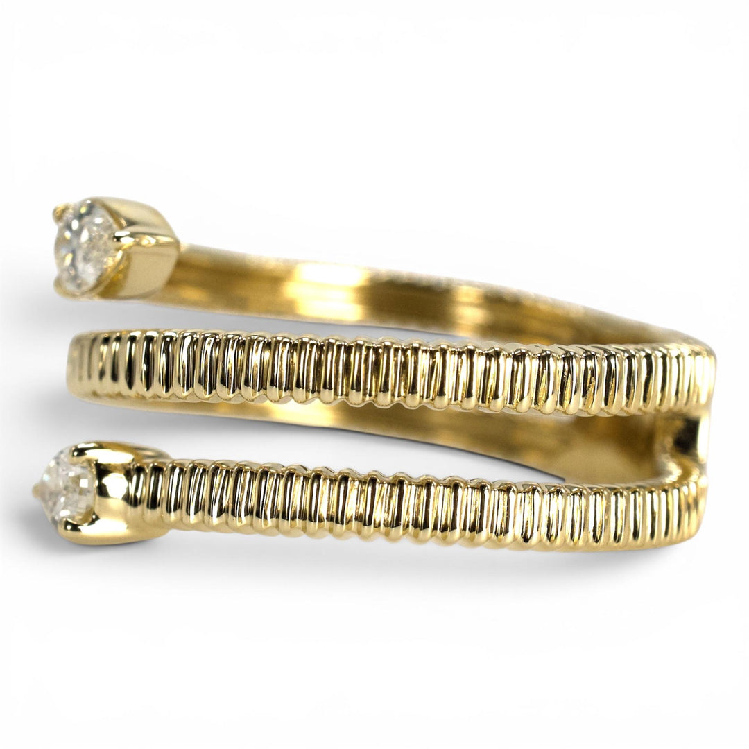 Gold Ribbed Spiral Ring with Pear-Shaped Diamonds