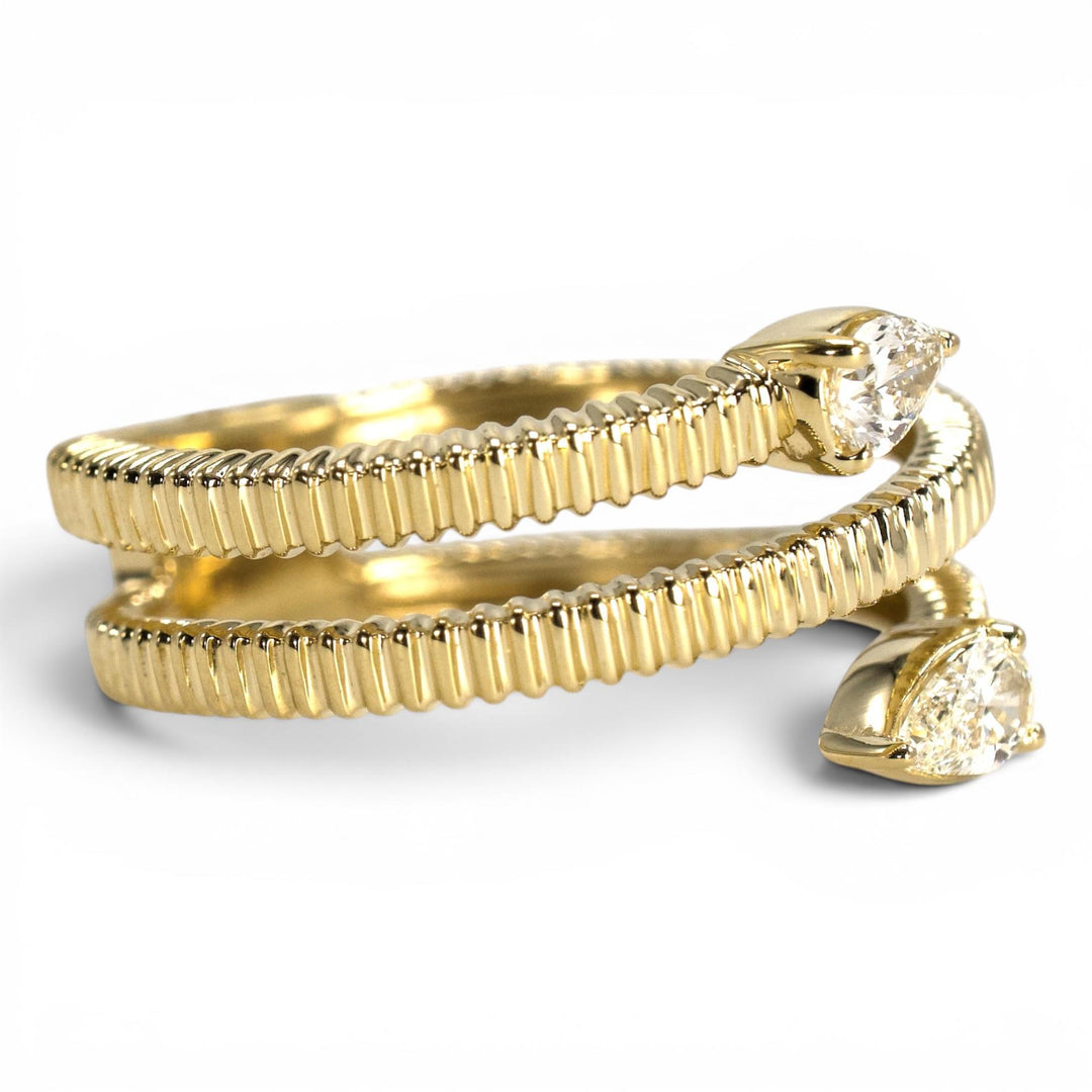 Gold Ribbed Spiral Ring with Pear-Shaped Diamonds