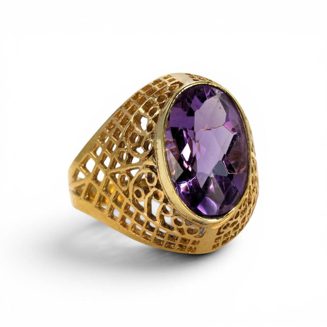 Soviet-Era 14K Gold Filigree Amethyst Cocktail Ring
