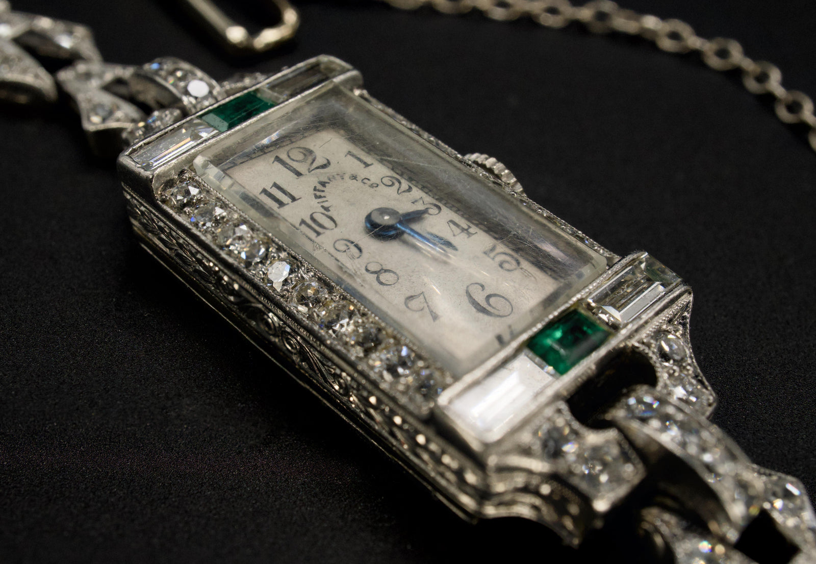 Tiffany & Co. Art Deco Diamond and Emerald Watch in Platinum and White Gold
