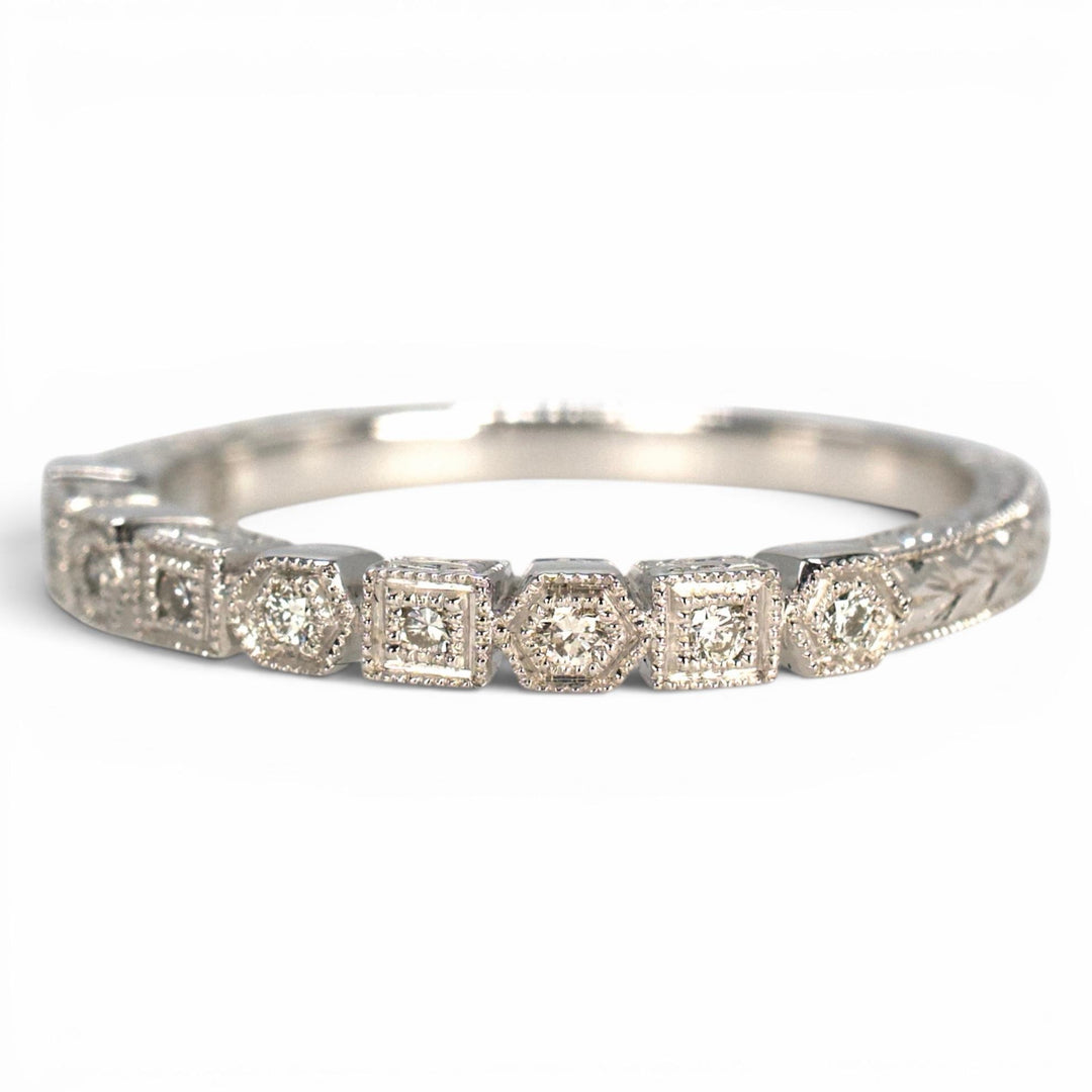 14K White Gold Wedding Band with Alternating Square and Hexagon Settings