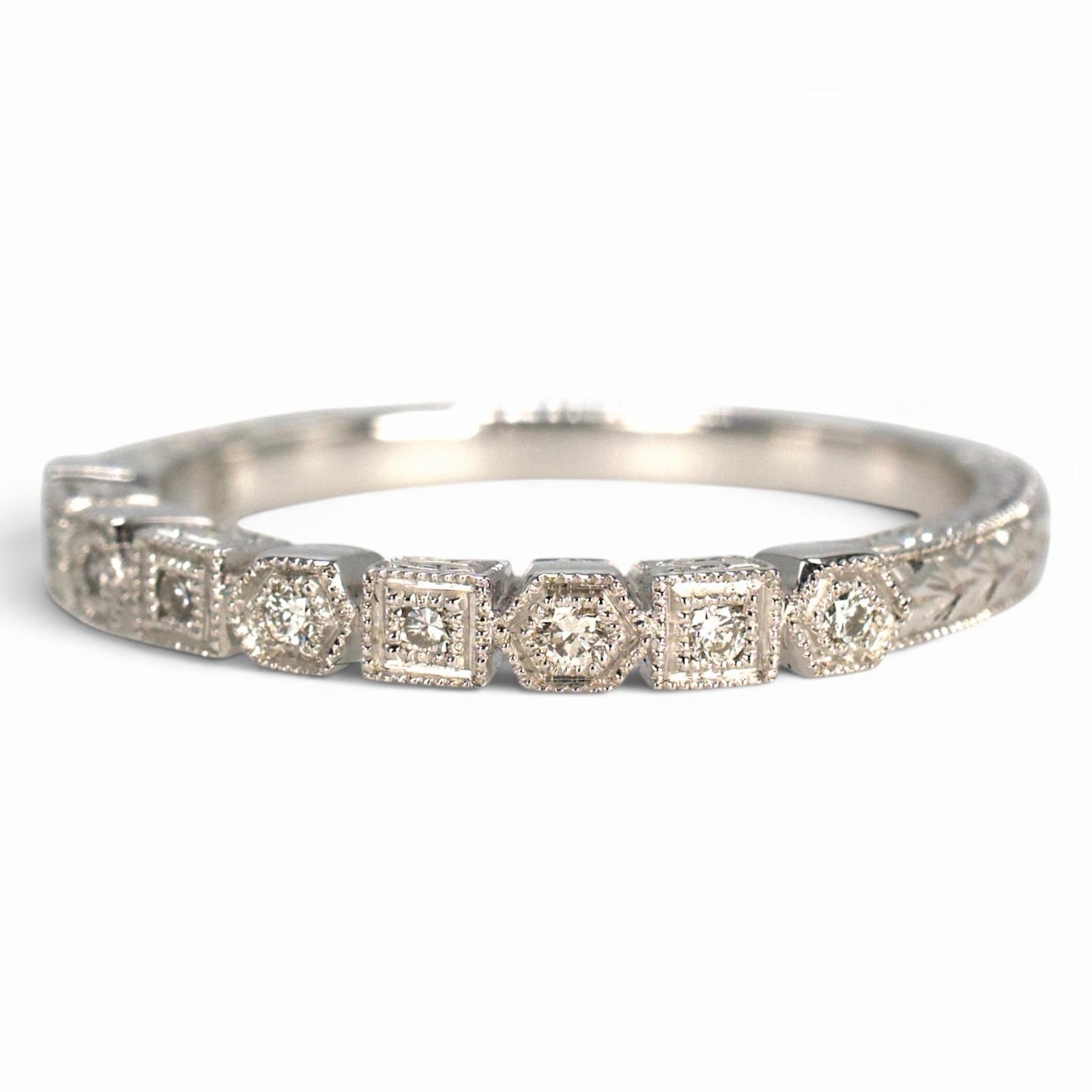14K White Gold Wedding Band with Alternating Square and Hexagon Settings