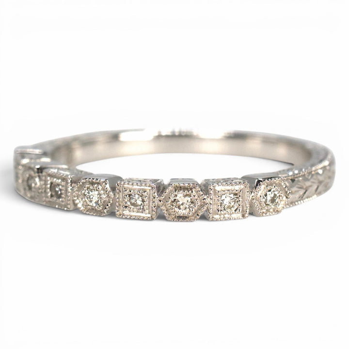 14K White Gold Wedding Band with Alternating Square and Hexagon Settings