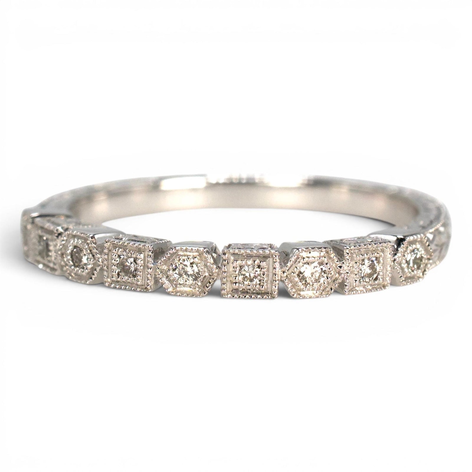 14K White Gold Wedding Band with Alternating Square and Hexagon Settings