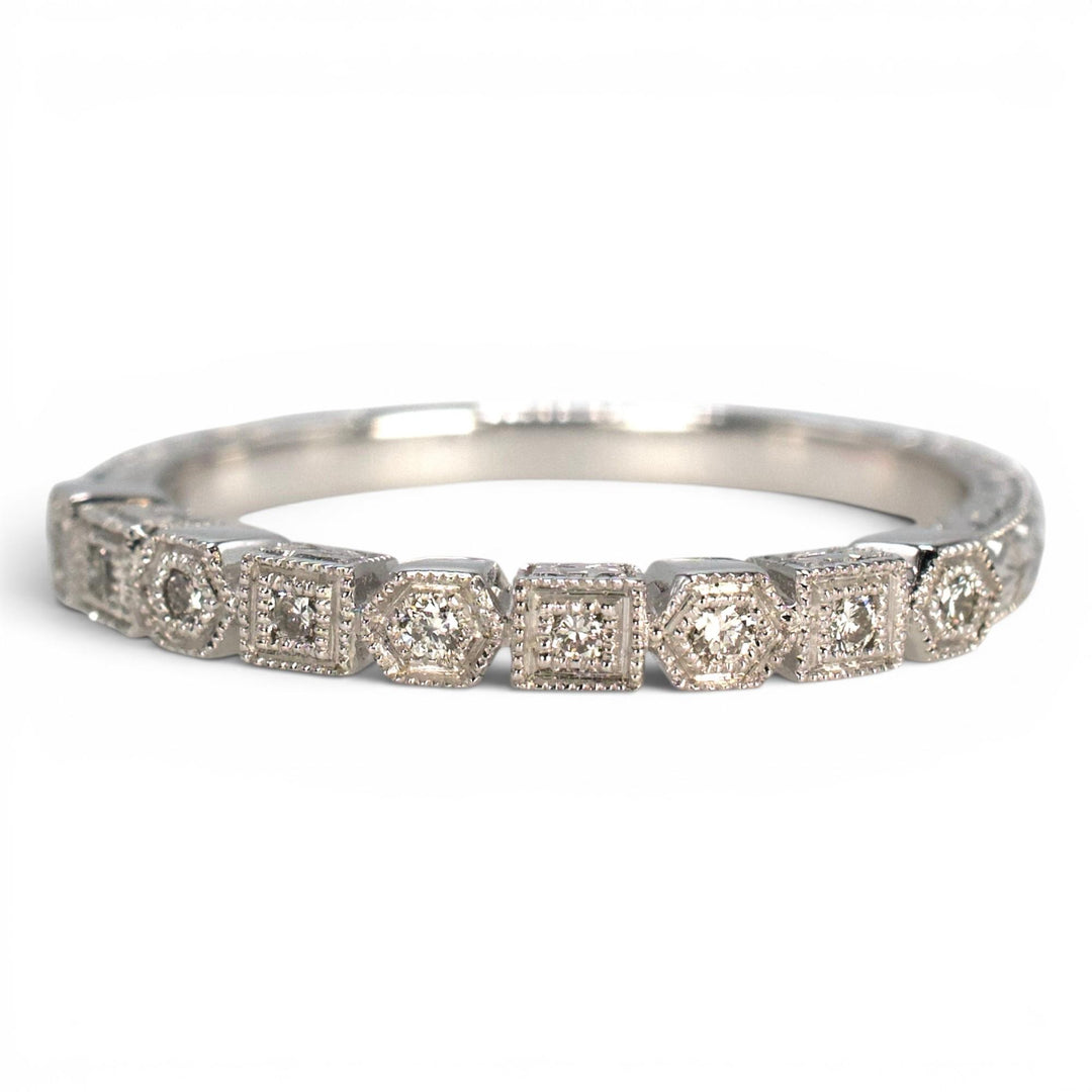14K White Gold Wedding Band with Alternating Square and Hexagon Settings