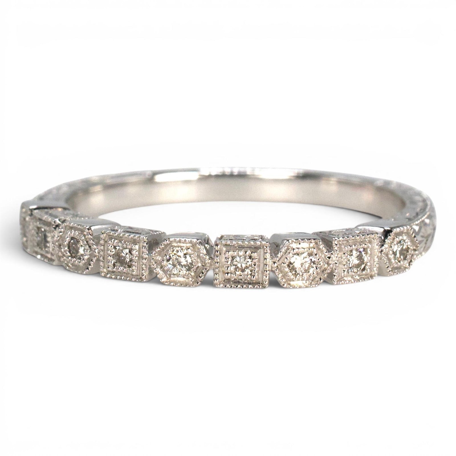 14K White Gold Wedding Band with Alternating Square and Hexagon Settings