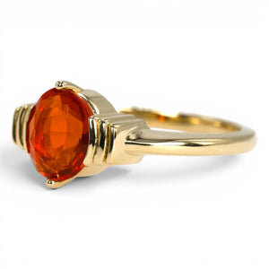 Bright Orange Oval Mexican Fire Opal in Art Deco Inspired Gold Ring