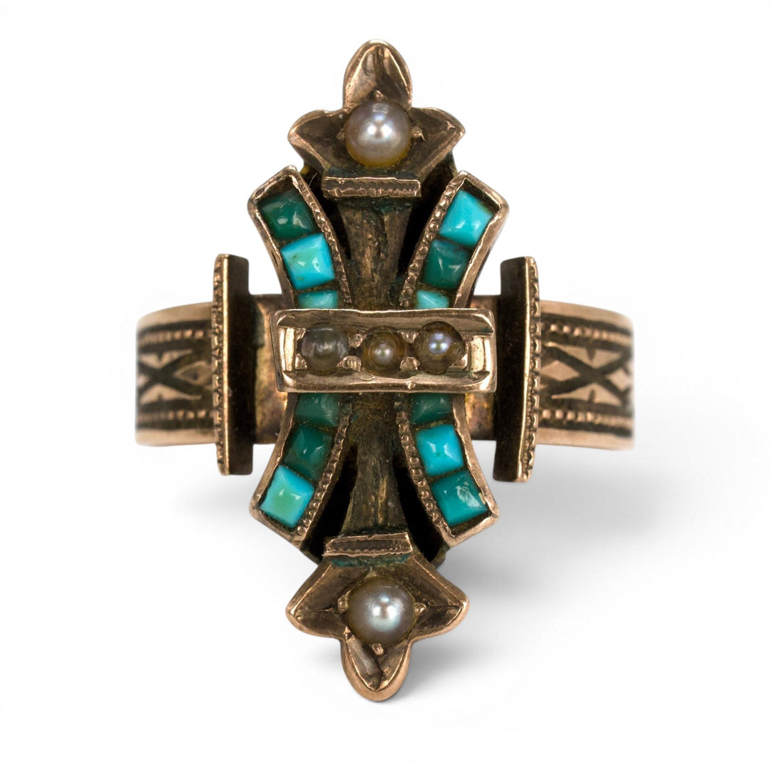 Victorian Cross Ring in 10K Gold with Turquoise and Seed Pearls
