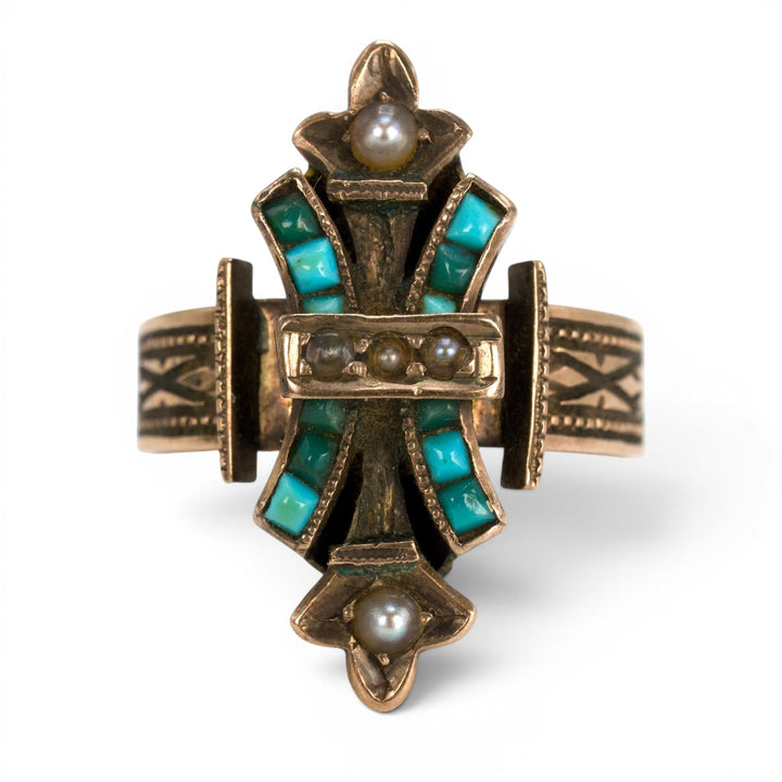 Victorian Cross Ring in 10K Gold with Turquoise and Seed Pearls