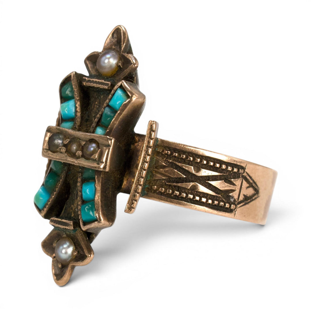 Victorian Cross Ring in 10K Gold with Turquoise and Seed Pearls