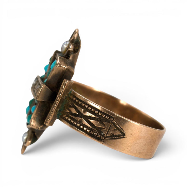 Victorian Cross Ring in 10K Gold with Turquoise and Seed Pearls