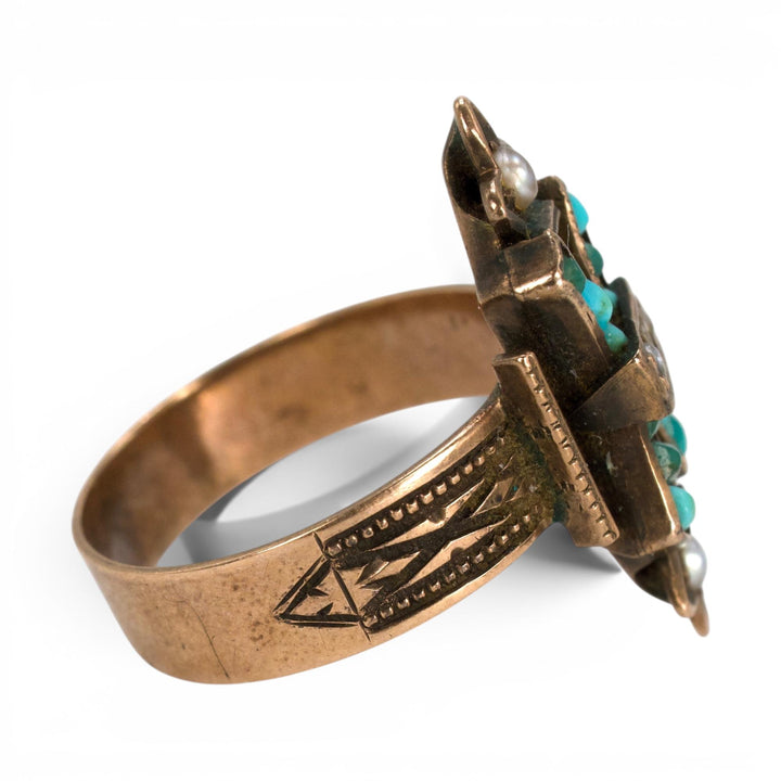 Victorian Cross Ring in 10K Gold with Turquoise and Seed Pearls