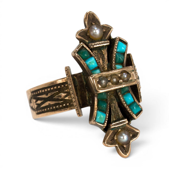 Victorian Cross Ring in 10K Gold with Turquoise and Seed Pearls