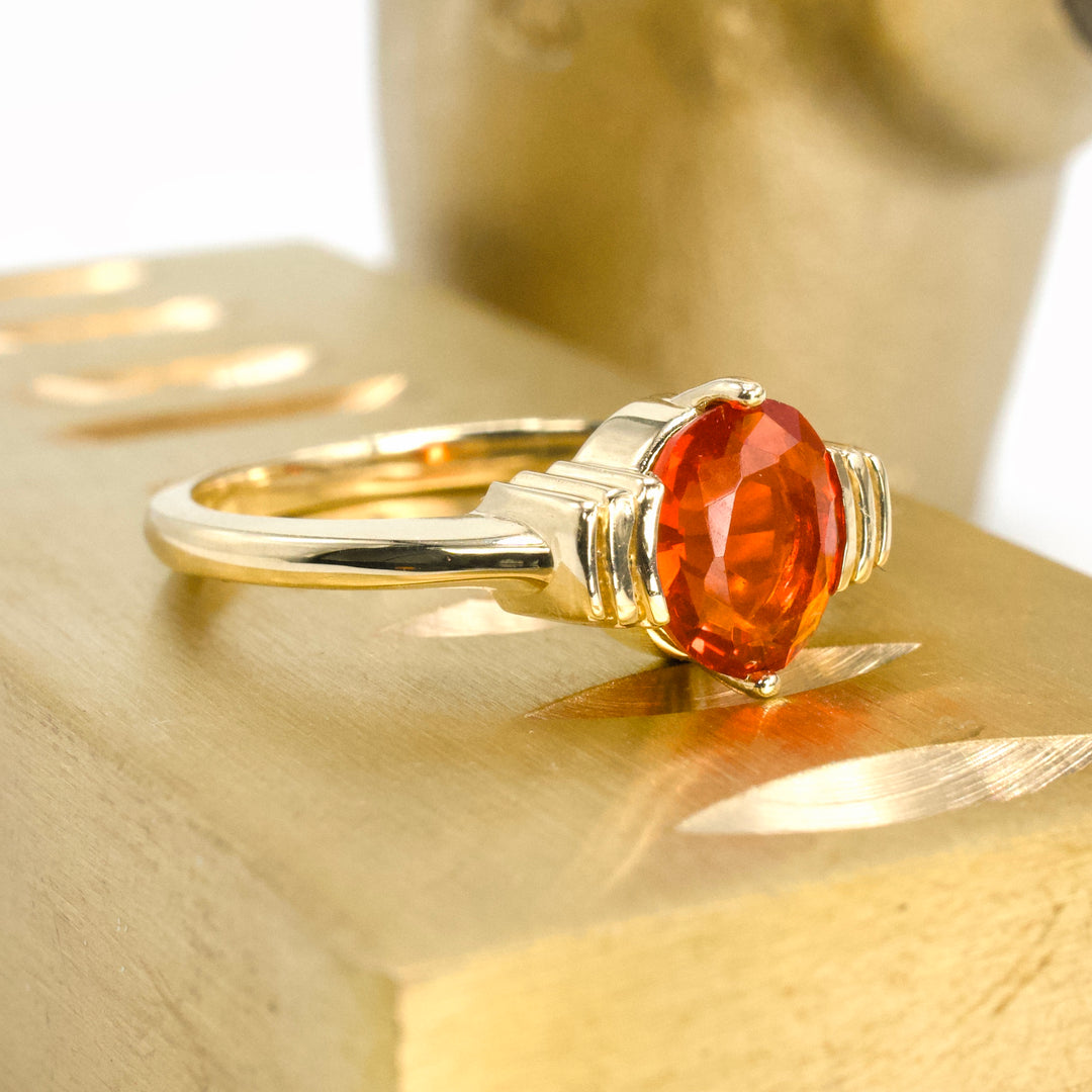 Bright Orange Oval Mexican Fire Opal in Art Deco Inspired Gold Ring