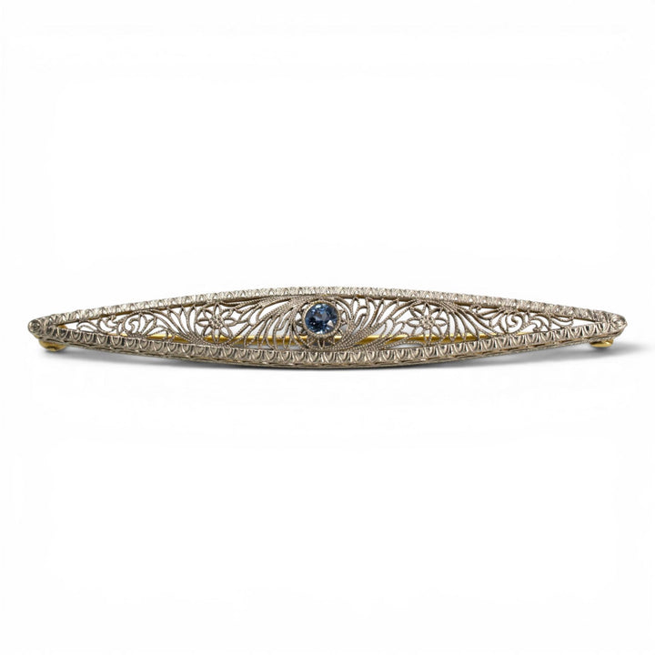 Late Edwardian Sapphire Bar Pin in 14K Two-Tone Gold