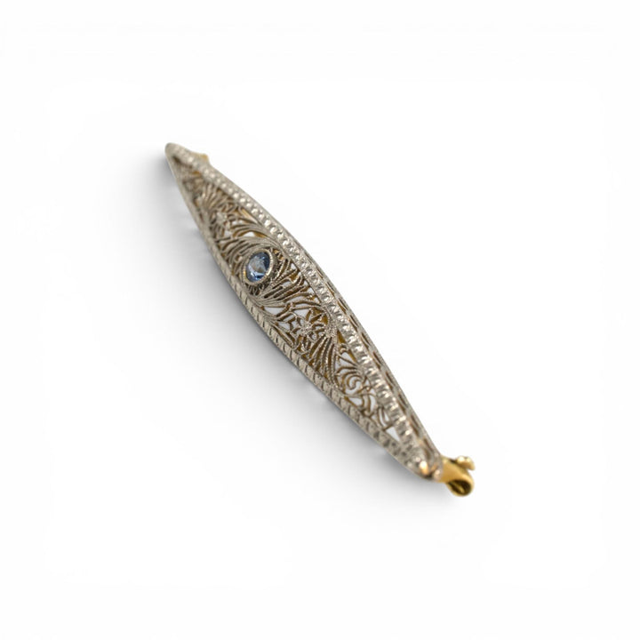 Late Edwardian Sapphire Bar Pin in 14K Two-Tone Gold
