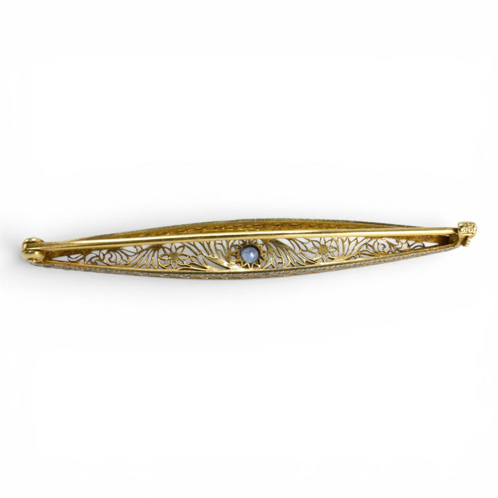 Late Edwardian Sapphire Bar Pin in 14K Two-Tone Gold