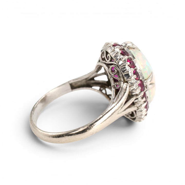 Large Oval Opal and Ruby Halo Ring in White Gold