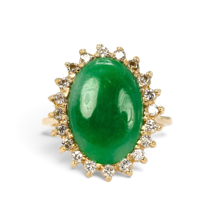 Oval Green Nephrite Jade and Diamond Halo Ring