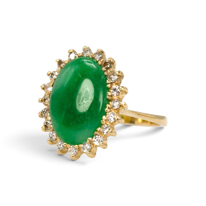 Oval Green Nephrite Jade and Diamond Halo Ring