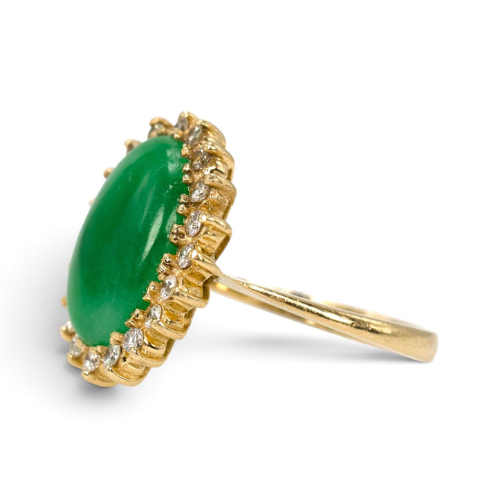 Oval Green Nephrite Jade and Diamond Halo Ring