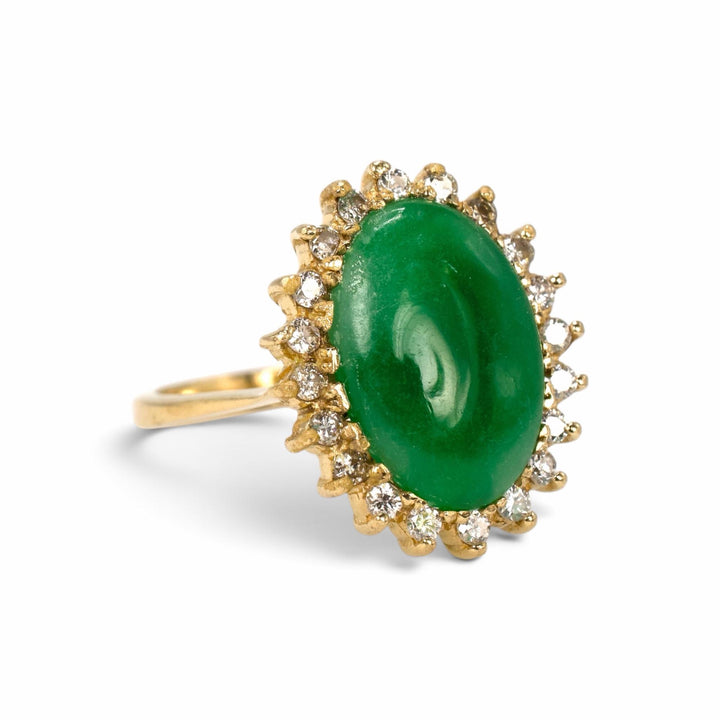 Oval Green Nephrite Jade and Diamond Halo Ring