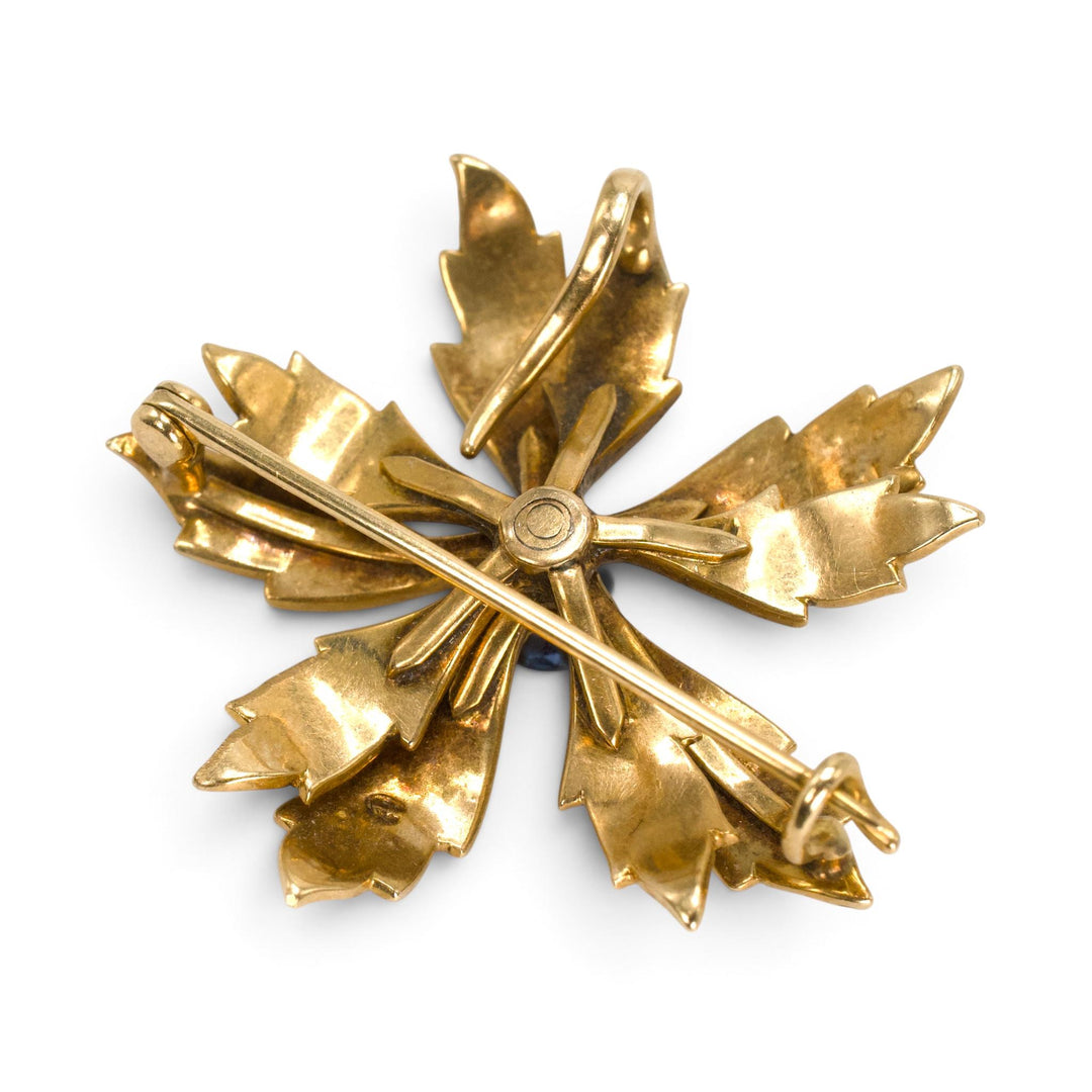 Victorian Seed Pearl and Sapphire Flower Brooch in 14K Gold