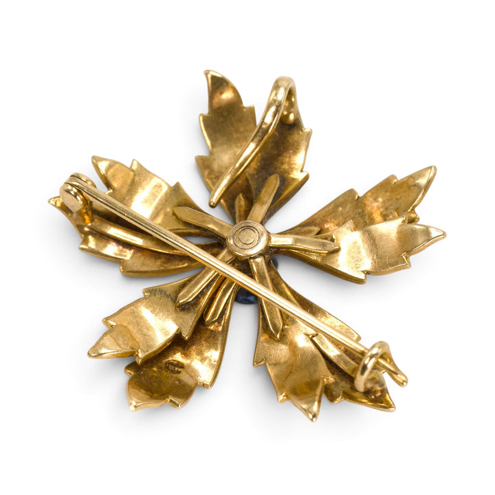Victorian Seed Pearl and Sapphire Flower Brooch in 14K Gold
