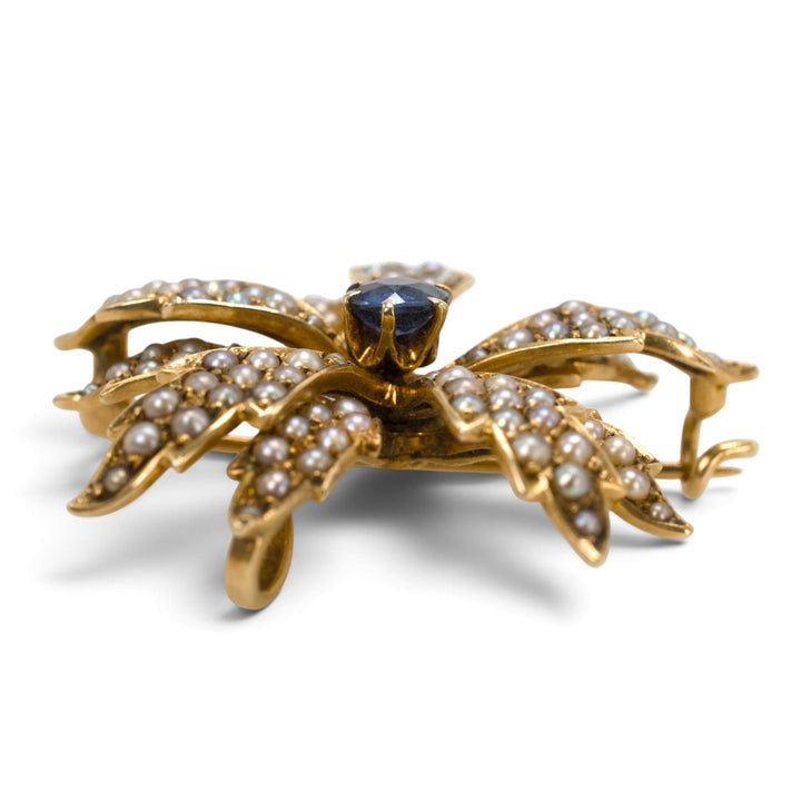 Victorian Seed Pearl and Sapphire Flower Brooch in 14K Gold