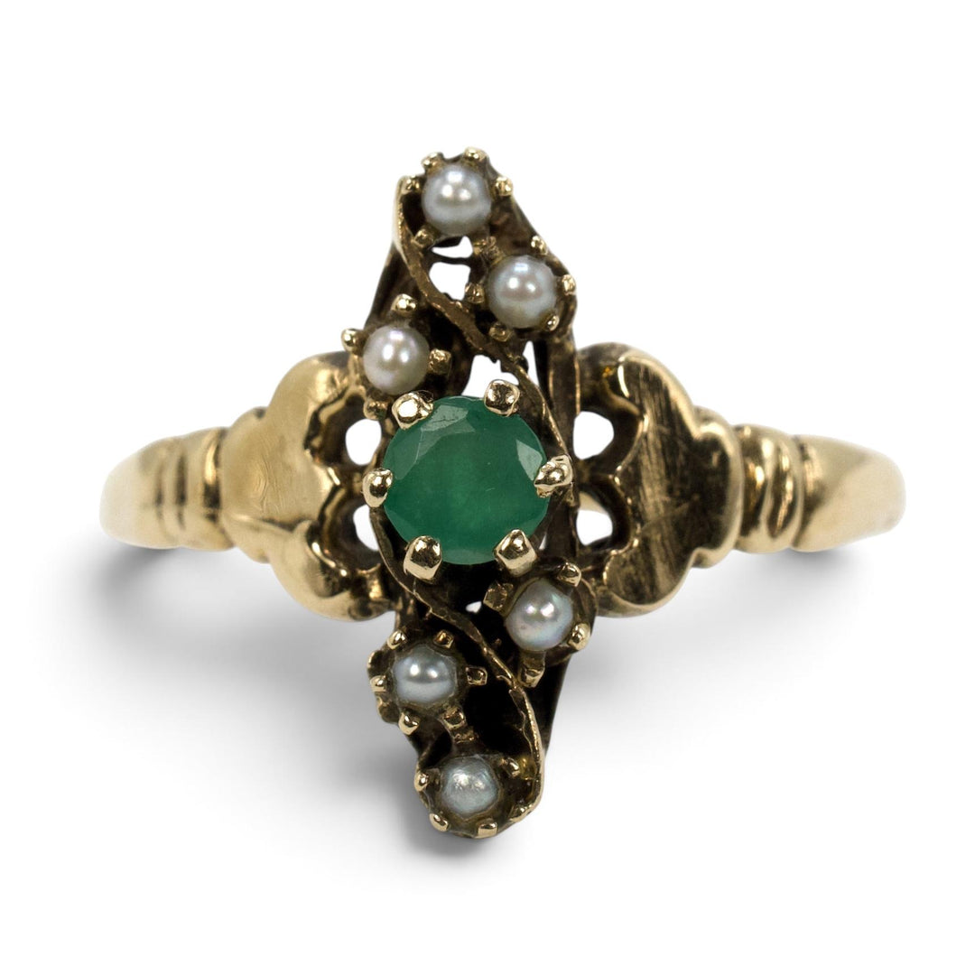Victorian-Revival Emerald and Seed Pearl Navette Ring in 14K Gold