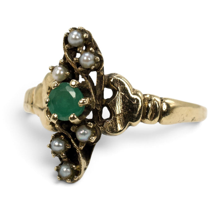 Victorian-Revival Emerald and Seed Pearl Navette Ring in 14K Gold
